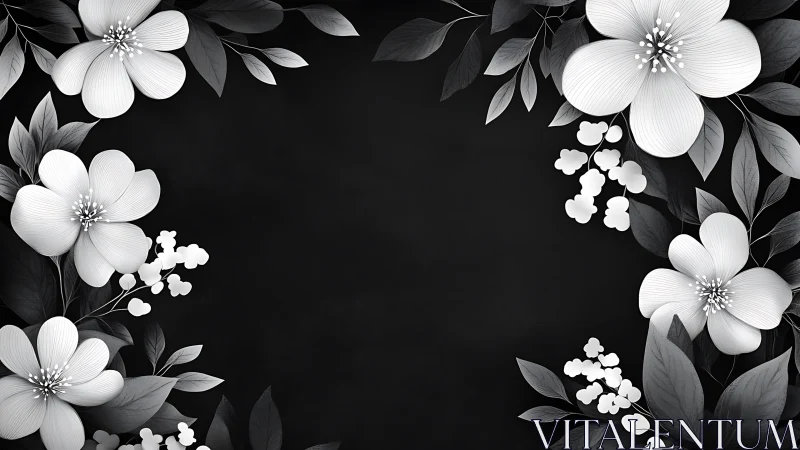 Monochrome Floral Border with White Blossoms on Black