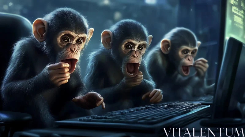 Three surprised baby monkeys watching a computer screen.