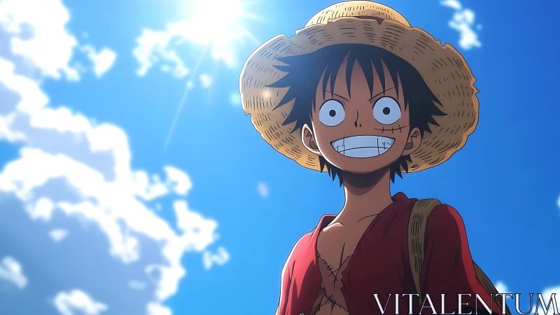Straw-hatted anime boy smiles beneath bright summer sky.