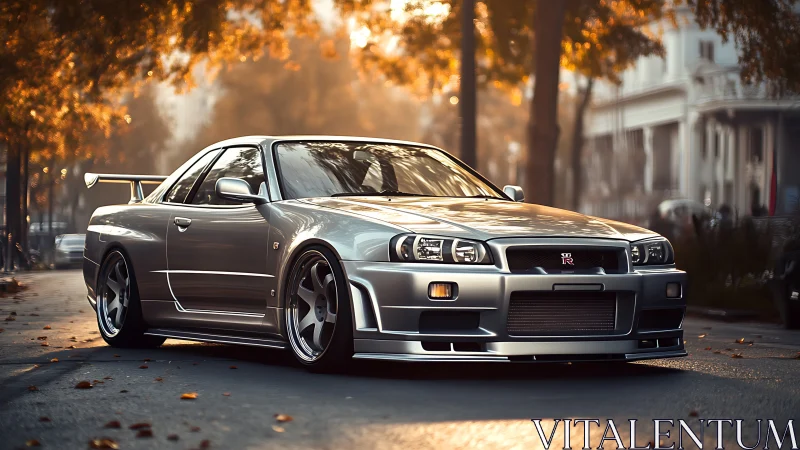 Silver Nissan GT-R R34 glows in warm autumn street light.