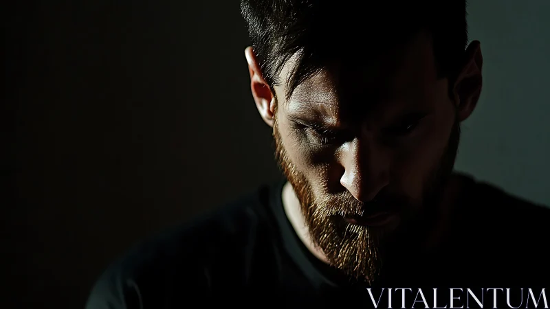 Brooding bearded man in harsh side light studies floor
