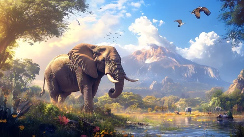 Majestic elephant wanders a serene sunlit savanna valley