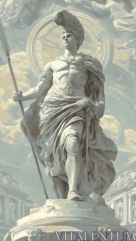Marble war-god strides skyward through swirling clouds.
