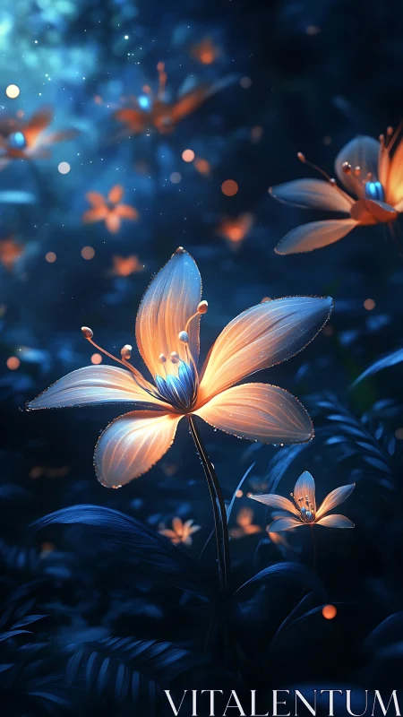 Bioluminescent flowers emit controlled light in a dark forest