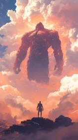Lone warrior confronts colossal fire titan in blazing clouds