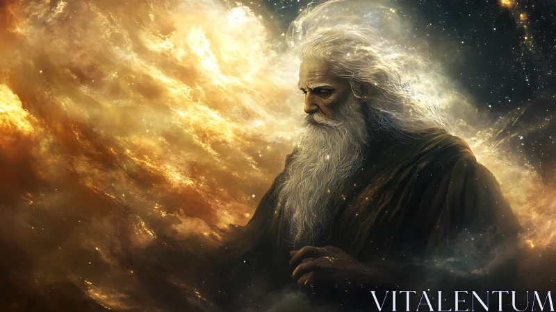 Ancient star weaver wandering through a glowing cosmos.