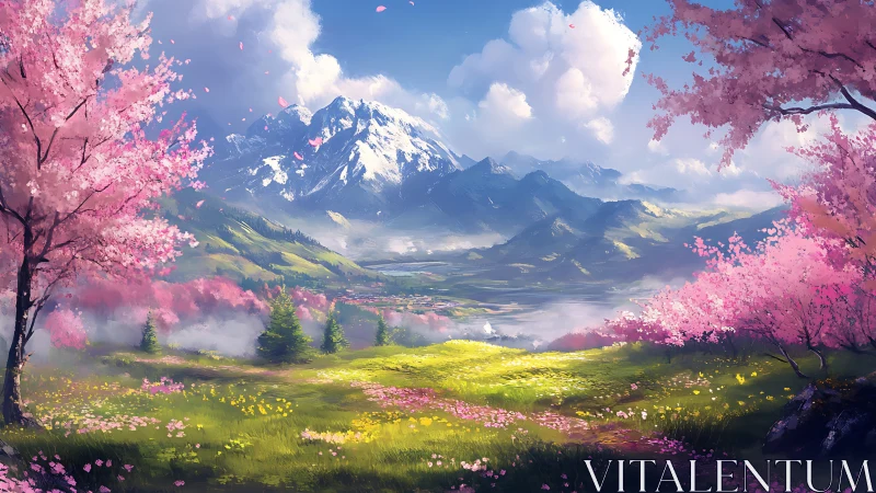 Blossoming valley unfolds beneath majestic snowy mountains.