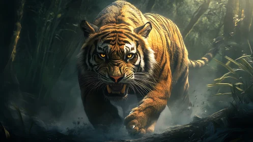 Predatory tiger advances through misty jungle in dramatic lighting