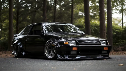 Stanced black classic coupe with widebody kit in forest setting.
