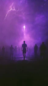 Midnight wanderer strides through an electric violet storm