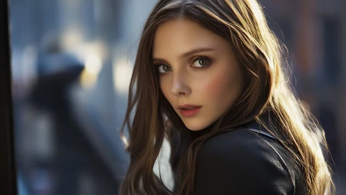 Young woman in soft natural light with blurred city backdrop.