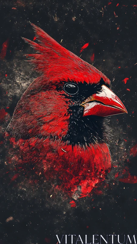 Crimson cardinal portrait bursting with bold, inky texture.