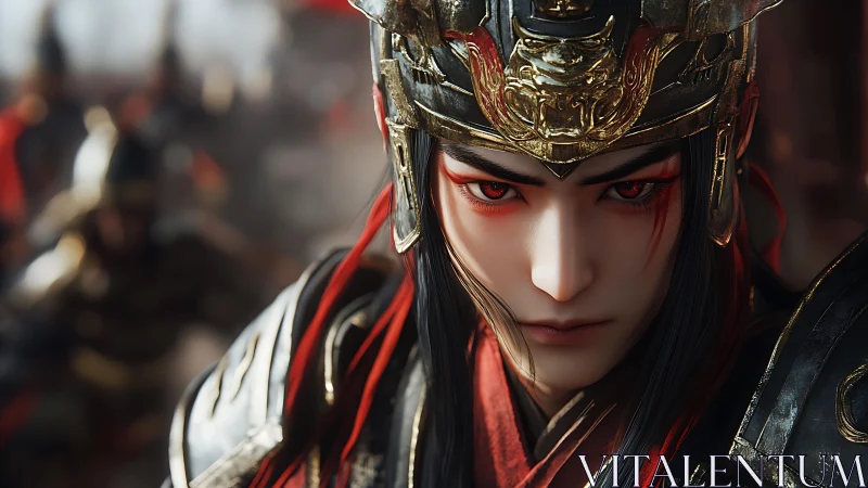 Crimson-eyed warlord in blazing ceremonial battle armor.