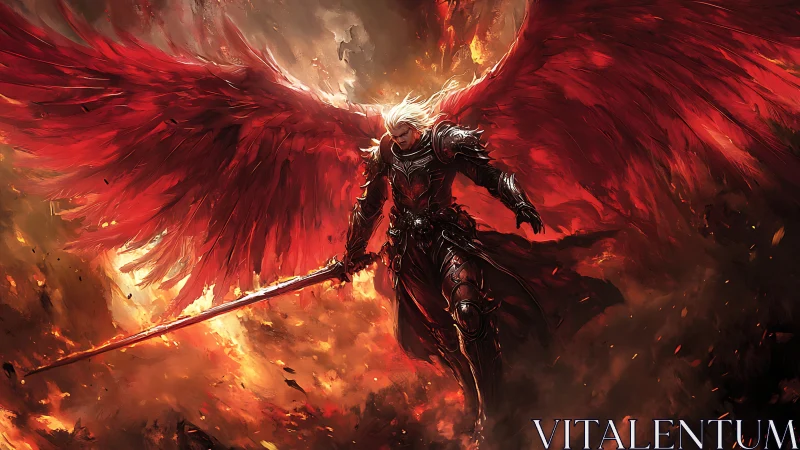 Armored winged warrior in red amid intense fiery sky.