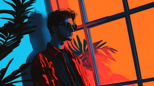 Stylish man stands in neon window light with bold shadows