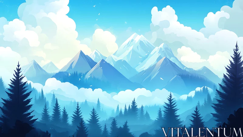 Snowy mountain range above dense pine forest at dawn.