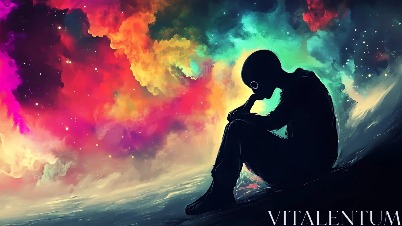 Silhouetted figure contemplates beneath chromatic cosmic nebula.