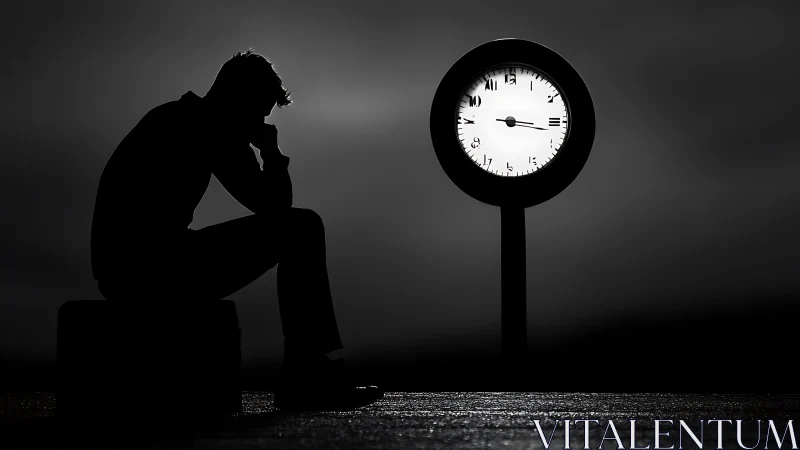 Quiet silhouette sits in reflection beside a glowing clock face