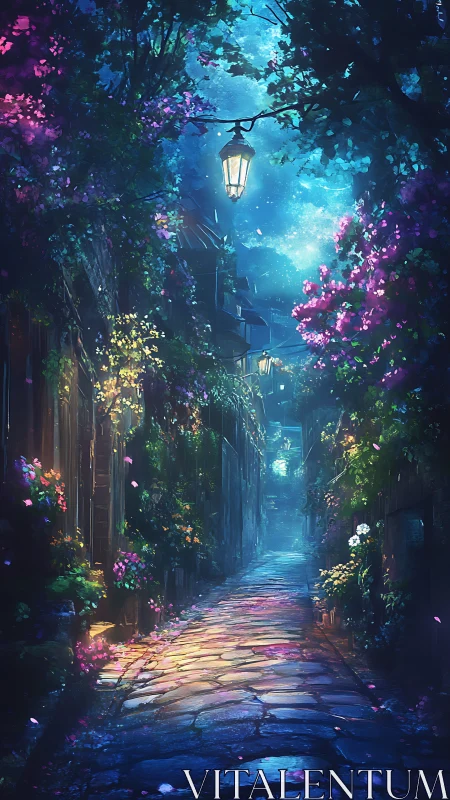 Moonlit cobblestone alley lined with glowing garden flowers.