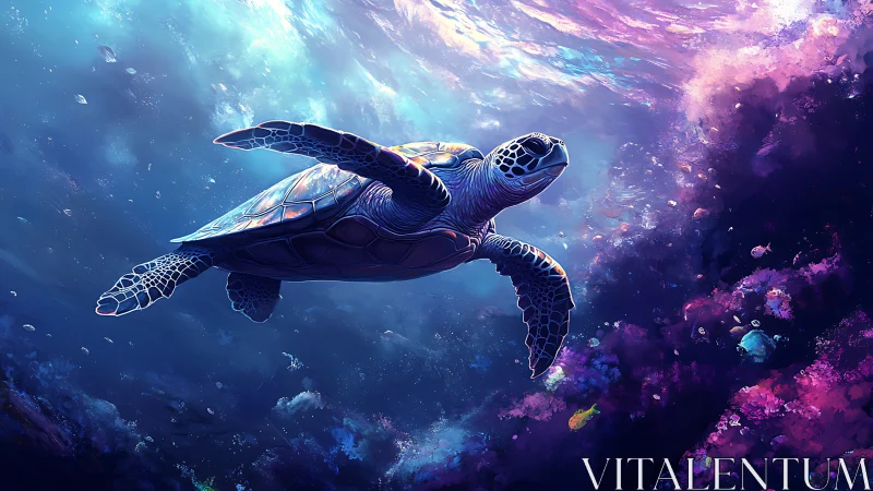 Digital sea turtle gliding through luminous coral reef depths