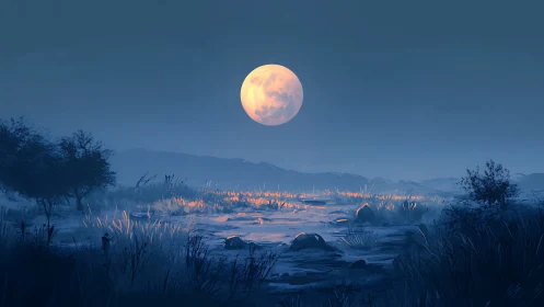 Full moon illuminates a blue nocturnal wetland landscape