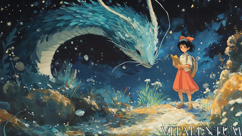 Girl and gentle forest dragon share a quiet starlit path.