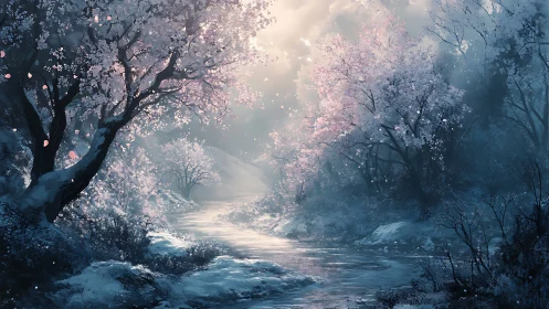 Transitional thaw river under luminous mist and blooming trees