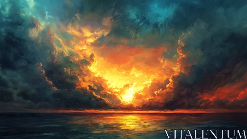 Glowing ocean sunset wrapped in dramatic, swirling clouds.