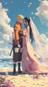 Seaside wedding vows under drifting petals and soft skies.