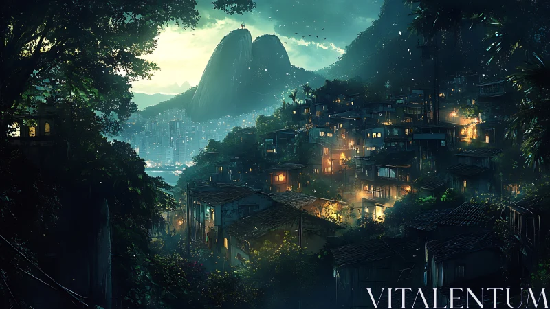 Evening hillside lights glow softly above a distant coastal city