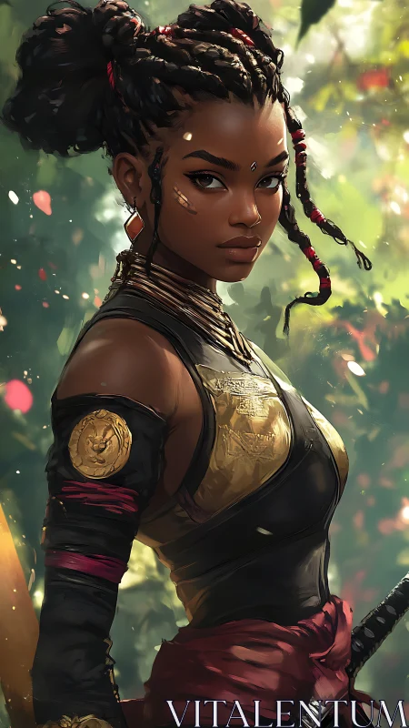 Warrior woman in detailed armor within sunlit forest scene.