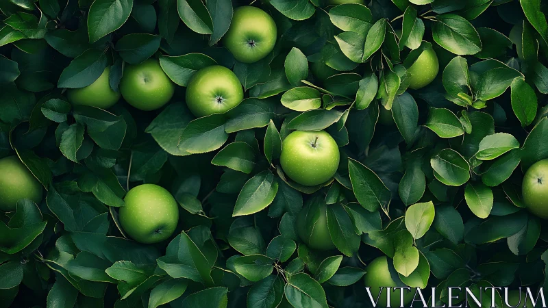 Green apples clustered in dense, glossy orchard foliage.