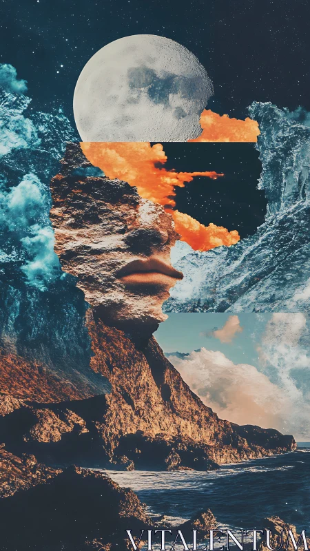 Layered seascape collage with lunar, cloud and rock forms.