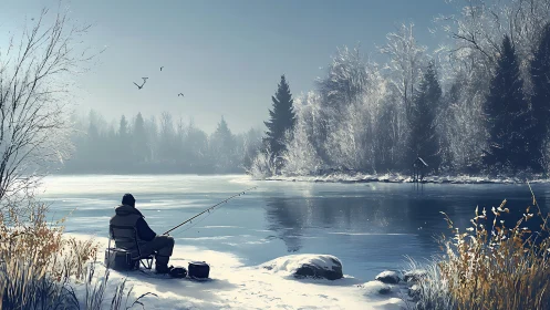 Solitary angler on frozen river under diffuse winter illumination.