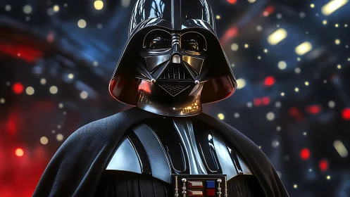 Glossy black sci‑fi armor with illuminated chest controls portrait