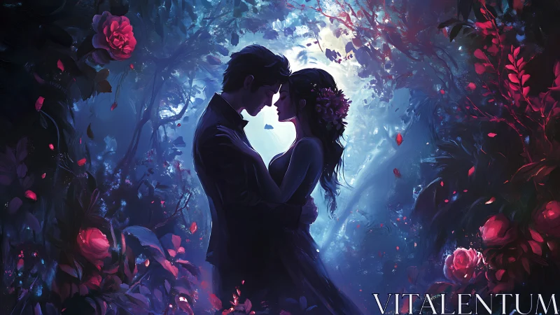 Silhouetted couple embraced amidst luminous botanical garden.