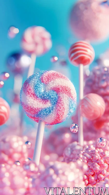 Candy sphere composition with depth of field in turquoise and pink palette