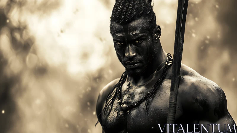 Warrior stares down the viewer in stormy sepia battlefield.