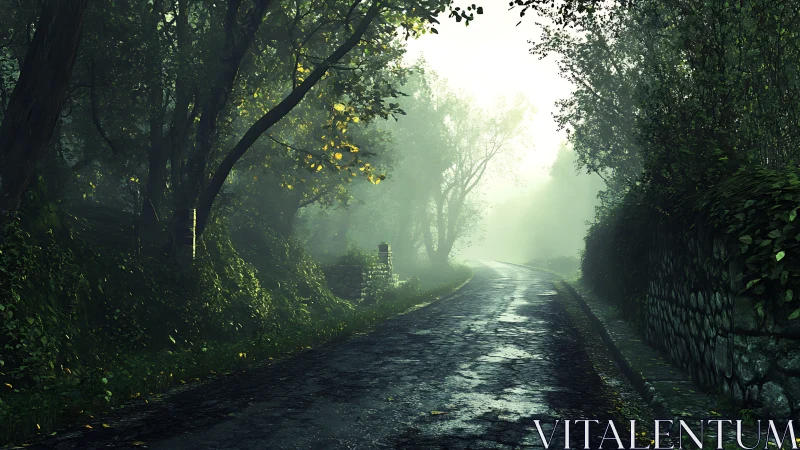 Moody forest lane in atmospheric photorealistic perspective.