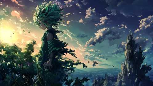 Sunlit anime figure merges with foliage under dynamic sky gradients