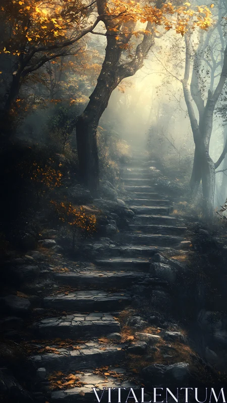 Misty Forest Pathway Through Ancient Trees Bathed in Golden Light.