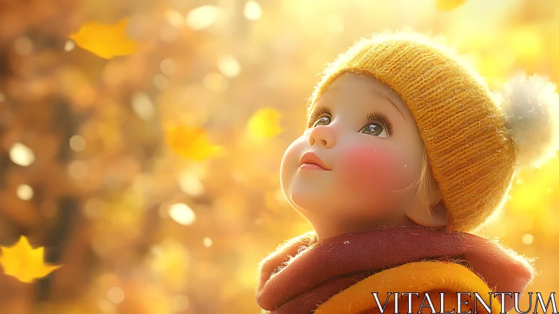 Cozy autumn wonder as a rosy-cheeked child gazes upward.