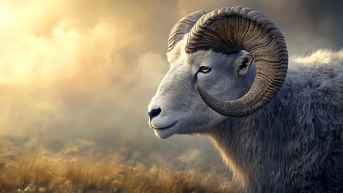 Profile view of horned mountain sheep in soft diffuse light