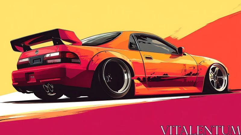 Modified sports car glows against bold sunset gradients.