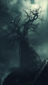 Dead tree silhouette under stormy night sky.