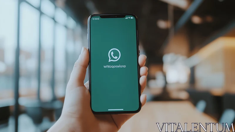 Smartphone close-up with spoofed WhatsApp-style app screen in cafe