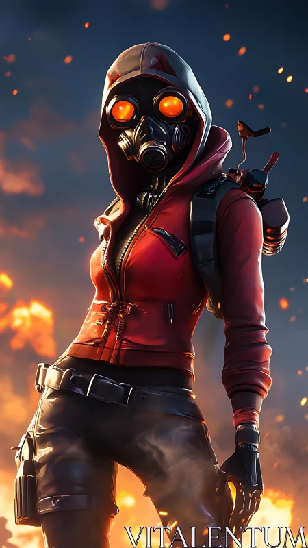 Hooded gas mask figure in red jacket amid distant flames.