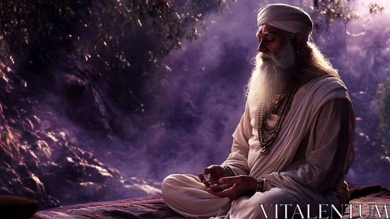 Moonlit mist crowns a sage in riverside twilight meditation