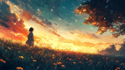 Sun-drenched meadow dream with solitary dusk wanderer.