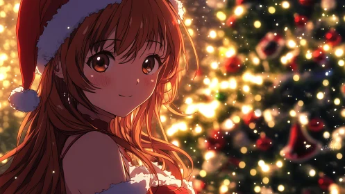 Warm-lit anime girl in Santa outfit before glowing bokeh tree